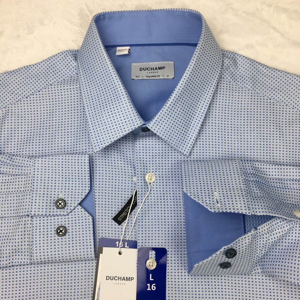 Duchamp Dress Shirt Mens Large 16 Blue Geometric Print‎ Tailored Fit NWT!